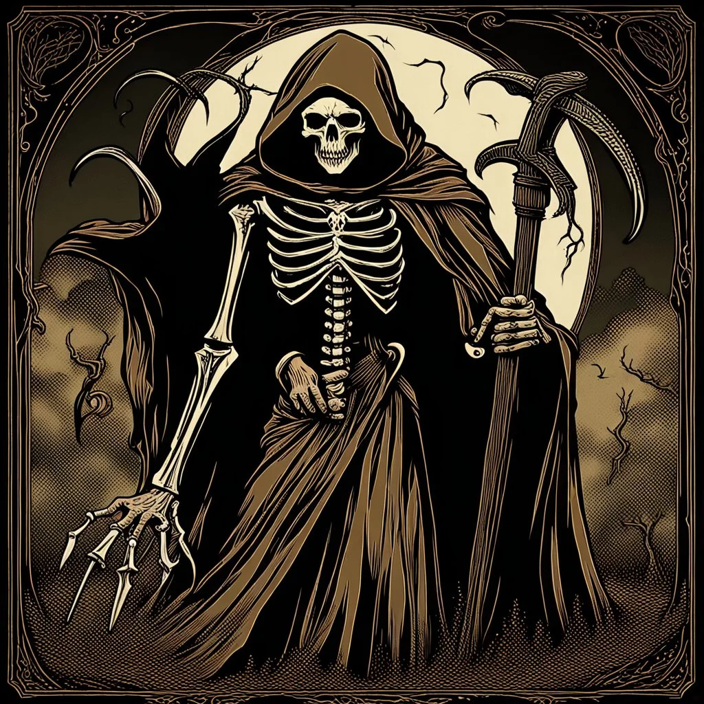 in demonology Death is frequently imagined as a personified force. In some mythologies, a character known as the Grim Reaper (usually depicted as a berobed skeleton wielding a scythe) causes the victim's death by coming to collect that person's soul. Other beliefs hold that the spectre of death is only a psychopomp, a benevolent figure who serves to gently sever the last ties between the soul and the body, and to guide the deceased to the afterlife