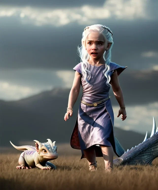 Daenerys Targaryen toddler, dragon, full body, dramatic lighting, angry, hyper realistic,