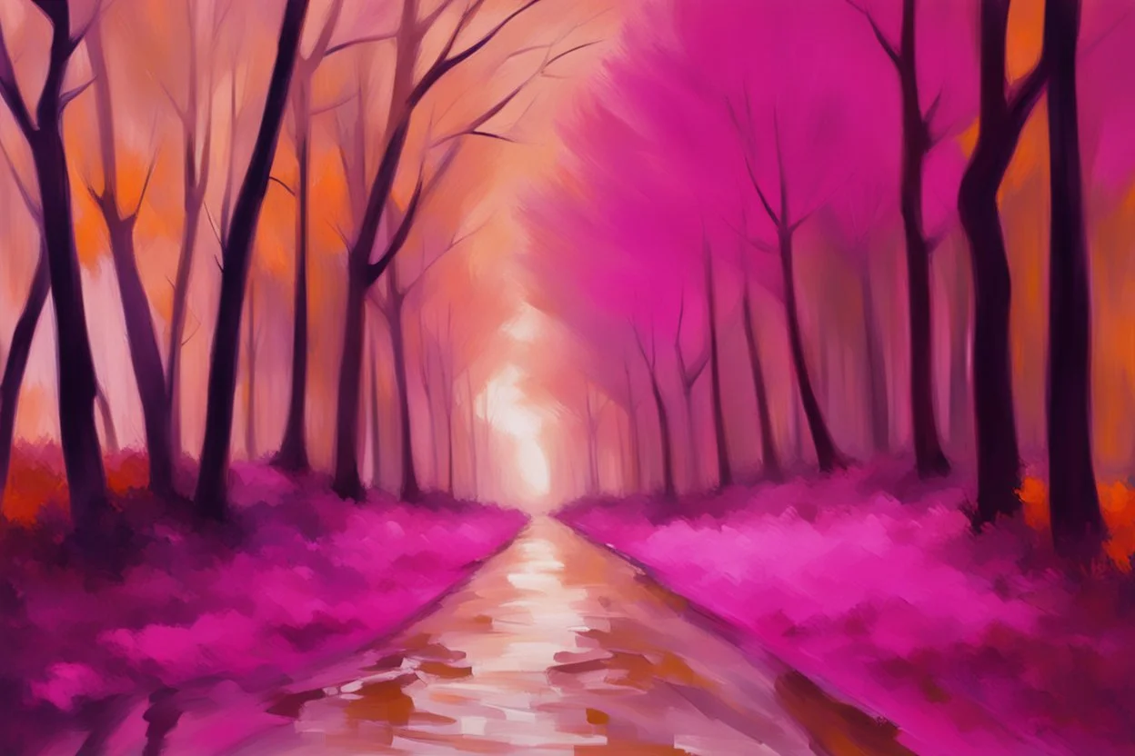 impressionism landscape in magenta, and brown color.