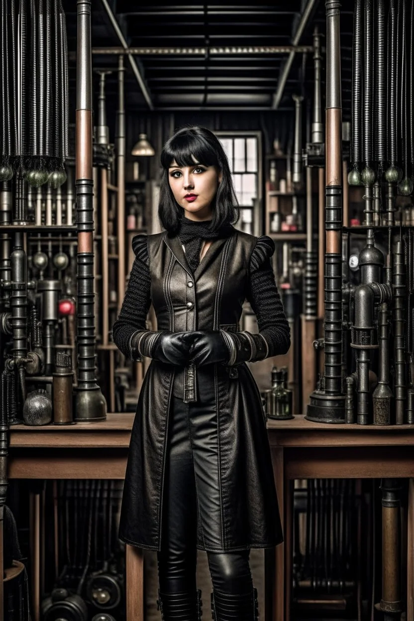 full-length pale dark-haired woman with a straight bob hairstyle with a fringe, in a steampunk leather outfit, and gloves, standing in a laboratory