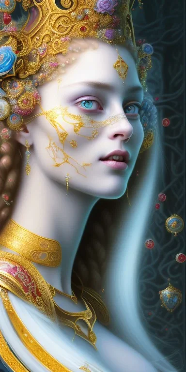 ultradetailed beautiful portrait painting of love Aphordite with long flowing red hair and sharp piercing gaze of blue eyes, smiling lip, sweet smile, alluring beauty, wearing jade jewels, roses, ultra ornate, gold leaf deatils, wearing white dress, by conrad roset, greg rutkowski and artgerm, trending on artstation