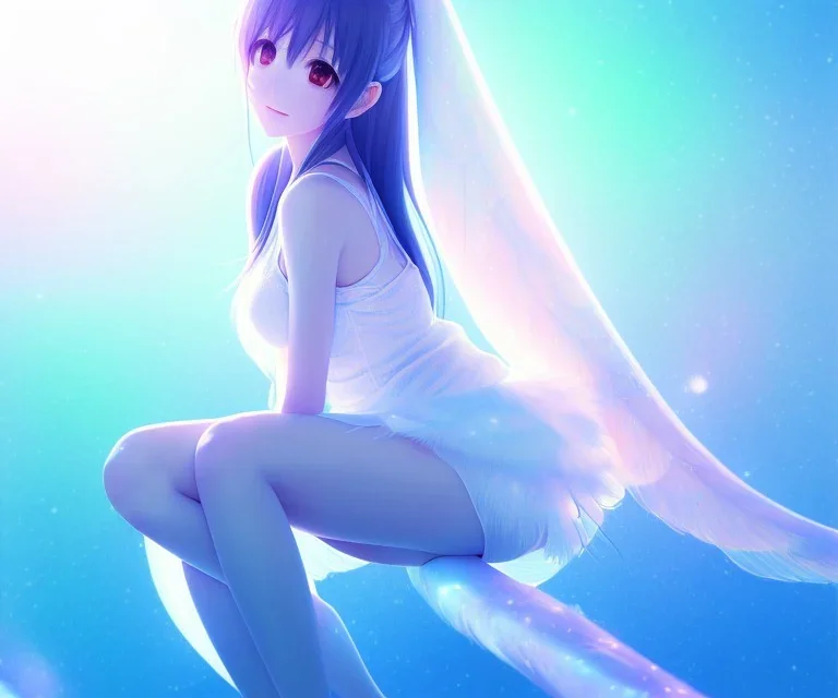 a detailed illustration of a anime girl sitting luminescent body, glinting spread wings, realistic, soft and smooth glowing wings, soft feathers, macro lens, sharp focus, meticulously detailed, soft studio lighting, smooth blurred gradient evening sky background, 64k