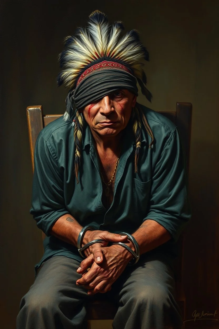 A native Indian , they but a fabric on his eye so he can not see and his arms are Handcuffed. looks miserable with bruises on his face like he has been beating sitting on a broken chair in a prison with dem light and dark prison environments , Busch painting style , sureal