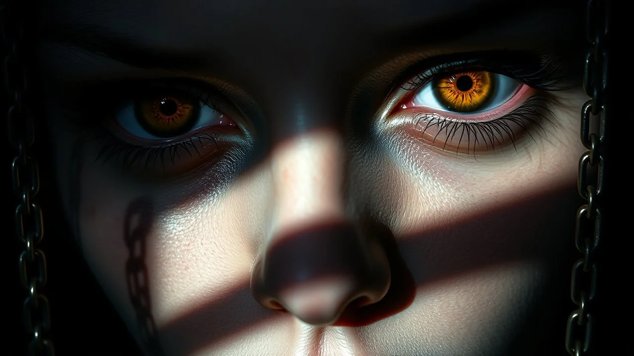 close up face with shadow dark gold eyes, void, pain, hyper-realistic detail, floats in deep darkness, abyss, chain-like light-shadow, crepy stunning, dark, surreal vibe with meticulous clean pale skin dark golden eyes, . dark shadow and weird surreal mood