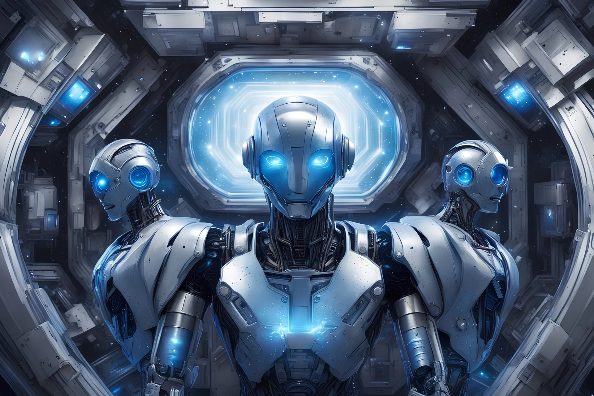 robots guardians metalic blue electric, silver, cosmic background, inside a spacecraft