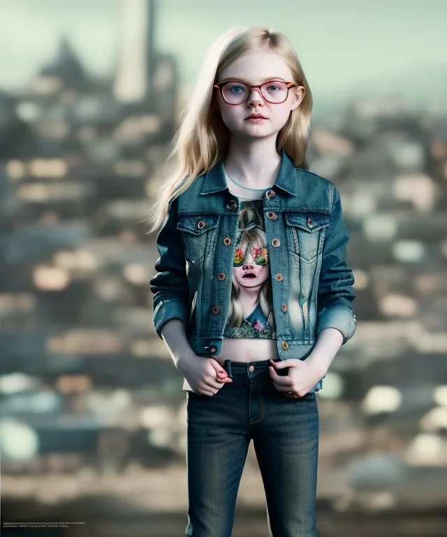 Elle fanning toddler, full body, city background, tatoo denim jacket, floral shirt, dramatic lighting