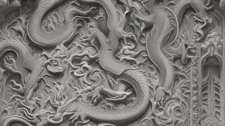 The flat walls of the chamber are decorated with shallow abstract carvings of dragons. A five-headed dragon, rising from an erupting volcano. Other dragons, which seem dwarfed by the five-headed monstrosity, flock to its side.