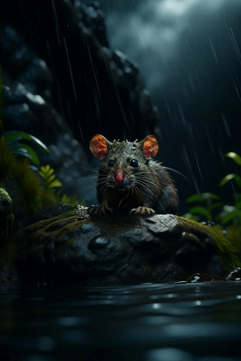 rat cat through dark clouds, portrait in weird waterfall in front of rock column on bumpy road in moist swamp planet , photo-realistic, shot on Hasselblad h6d-400c, zeiss prime lens, bokeh like f/0.8, tilt-shift lens 8k, high detail, smooth render, down-light, unreal eng