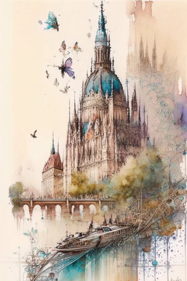 Budapest by Jean-Baptiste Monge, watercolor and ink, intricate details, fantasy, beautiful, award winning, colorful, fantastic view, crisp quality