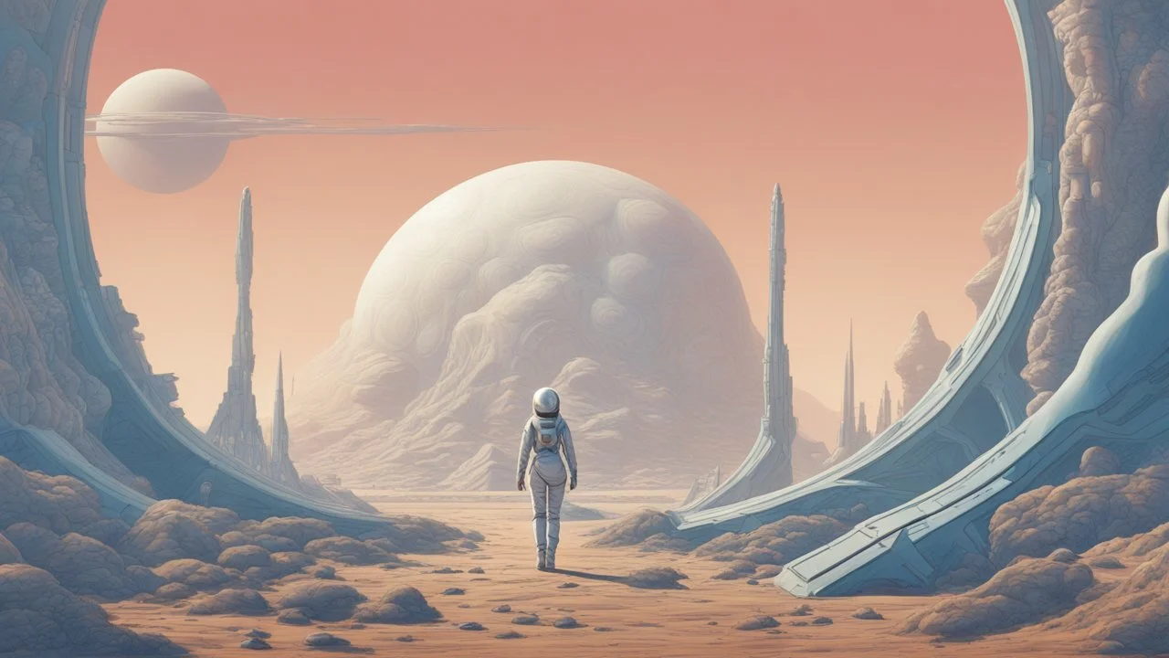 A slim woman in an open-faced space suit walking through an alien landscape towards a building, with strange alien buildings, strange surreal plants, photorealistic, Deep Colour, Intricate Detail, sunshine, blue sky