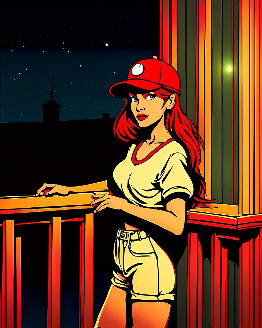 woman with a red baseball hat. leaning on a wooden balcony. night time. fantasy. cartoon. studio lightining.