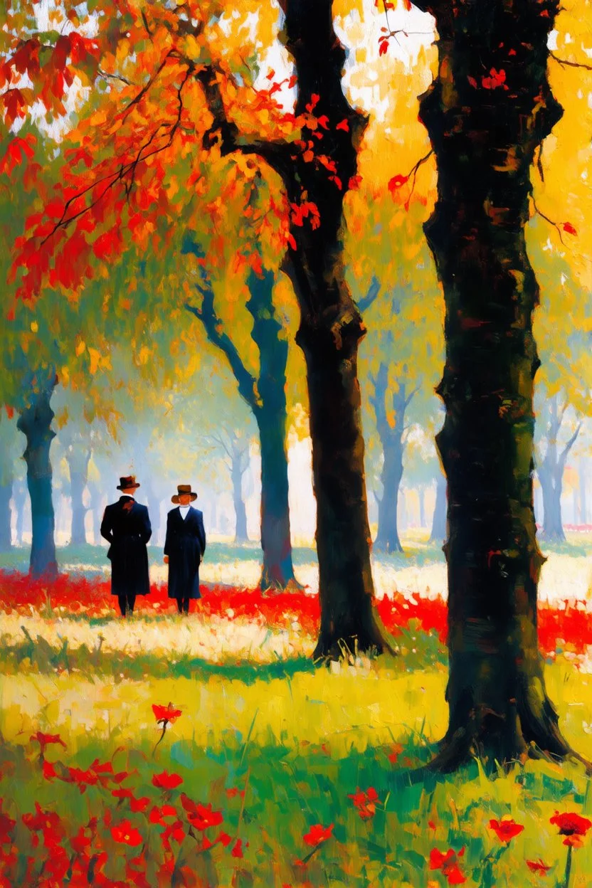 Trees, forest, autumn, grass, distant people, red flowers, gothic horror films influence, charles leickert, and konstantin korovin impressionism paintings