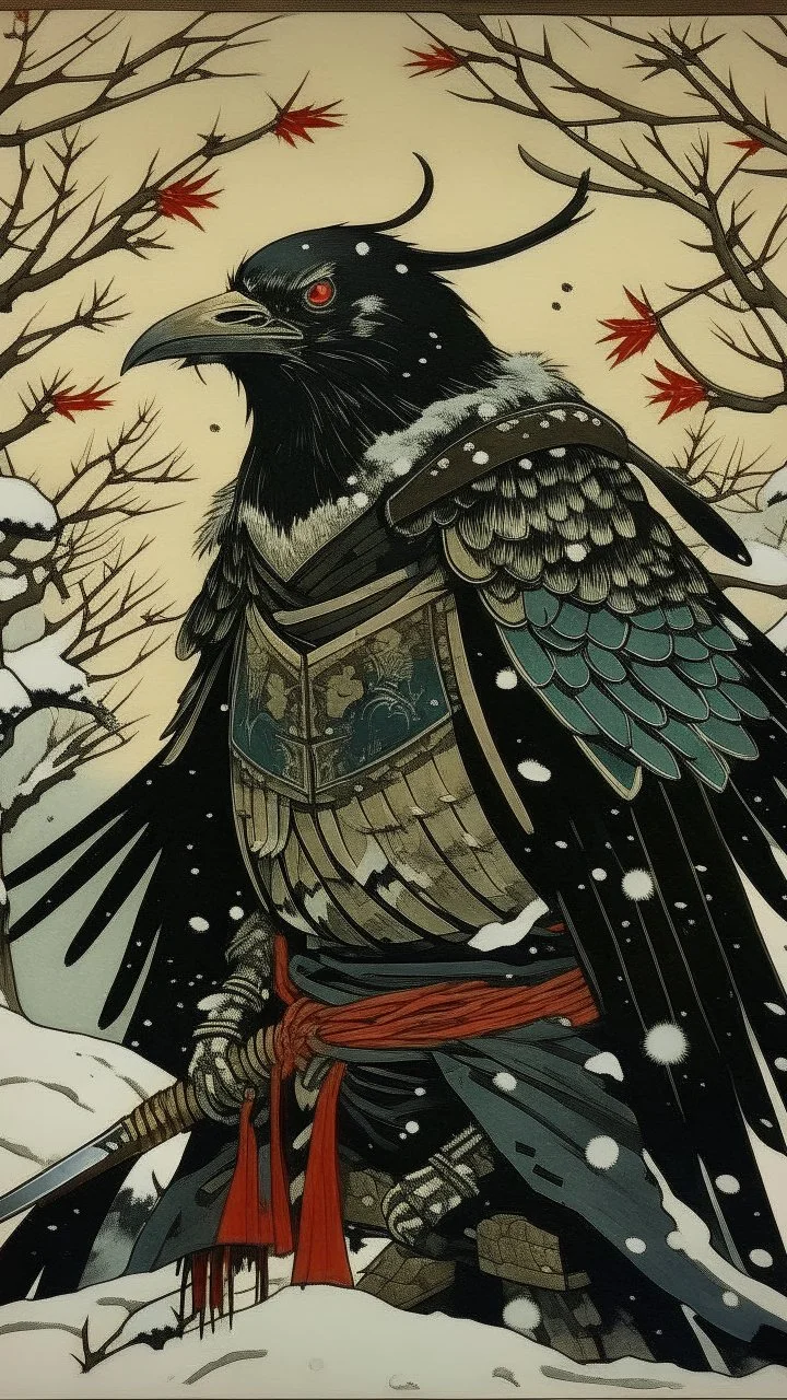 A samurai old style serigraphy by Kuniyoshi of a crow adorned in a punk leather jacket within a snowy Christmas atmosphere.