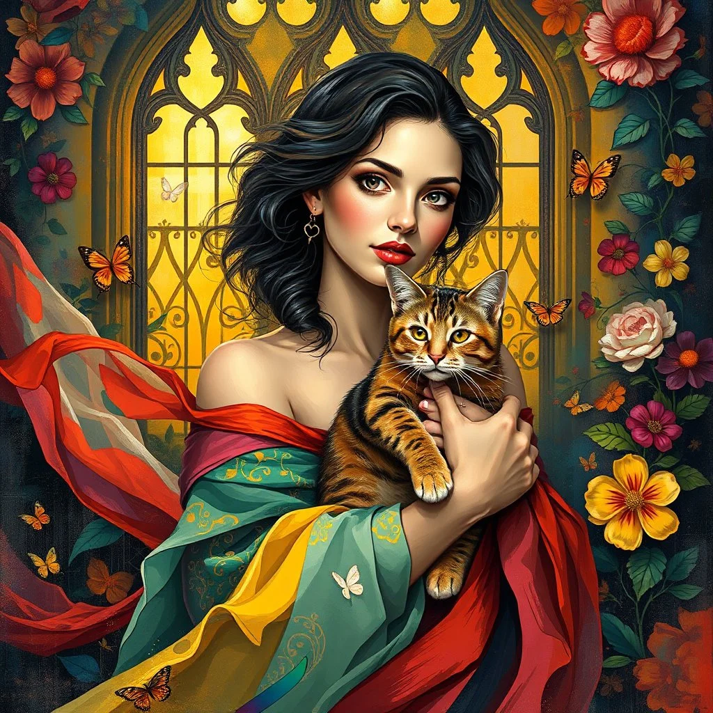 A vibrant, artistic portrait of a woman holding a cat, with rich, layered, and vivid colors. The woman is surrounded by flowing fabrics in bold hues, intricate floral patterns in the background, and dynamic brushstrokes that create a sense of movement. Add golden light filtering through stained-glass windows, delicate butterflies fluttering around, and abstract geometric shapes blending into the scene. The style is expressive, painterly, and immersive, evoking a sense of wonder and depth.