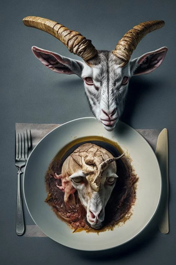 cursed meal with a goat head and some brain, photorealistic image, goat head laying on a plate, served with some nice seasoning