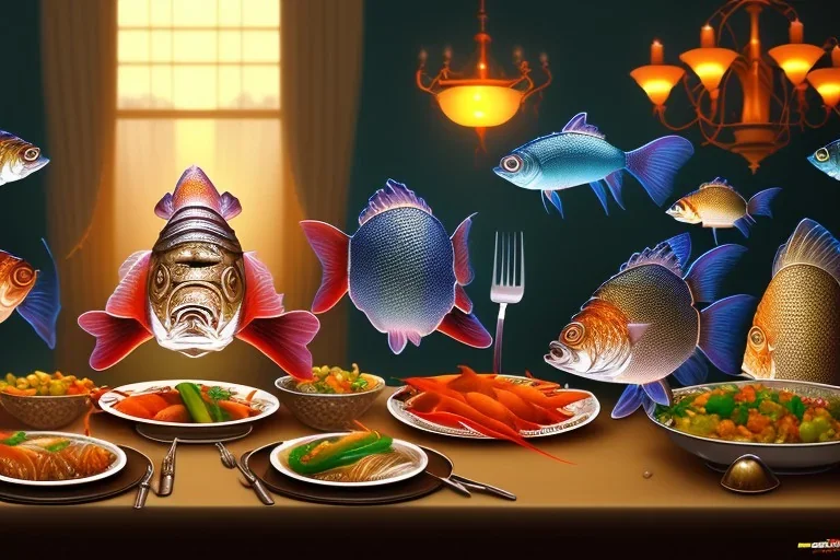 supper, fish sit at the table and eat pieces of people.