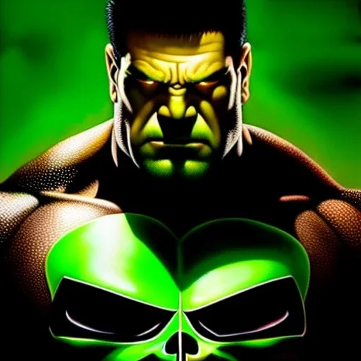 Ultra detailed fullbody Portrait in oil on canvas of The punisher merges Hulk with black armor,intense stare,extremely detailed digital painting, extremely detailed face,crystal clear Big eyes, mystical colors ,perfectly centered image, perfect composition, rim light, beautiful lighting,masterpiece,8k, stunning scene, raytracing, anatomically correct, in the style of robert e howard and Ken Kelley and Ohrai Noriyoshi and Simon Bisley and tomzj1