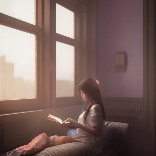 Study girl read a book in by the window, movie, real photo realistic, unreal engine, cinematic lighting --ar 1:1 creative