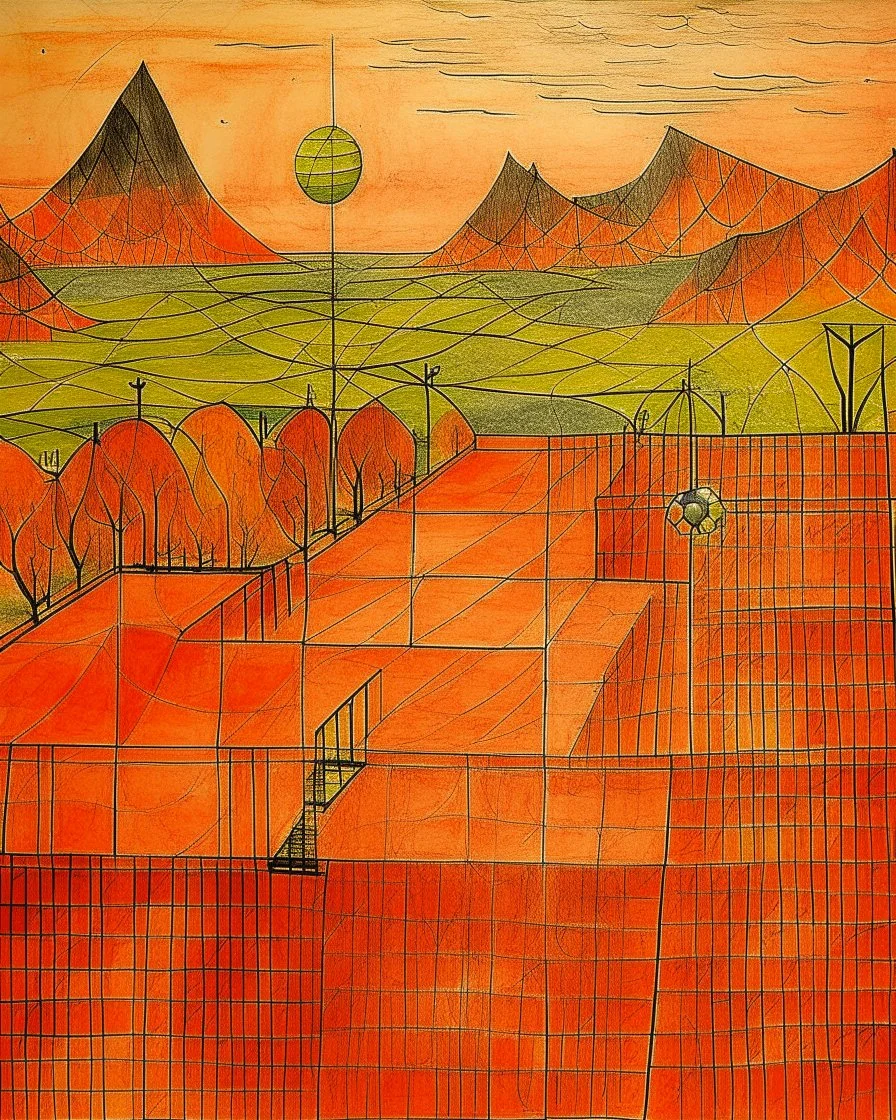 An orange colored tennis field on a crag in a thunderstorm designed in Chinese paper art painted by Paul Klee