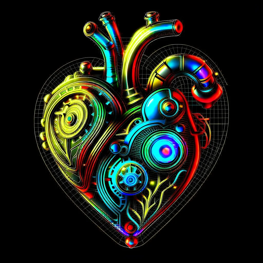 VECTOR LAYERED MULTICOLORED COMPLIMENTARY NEON MECHANICAL HUMAN HEART, METALLIC,