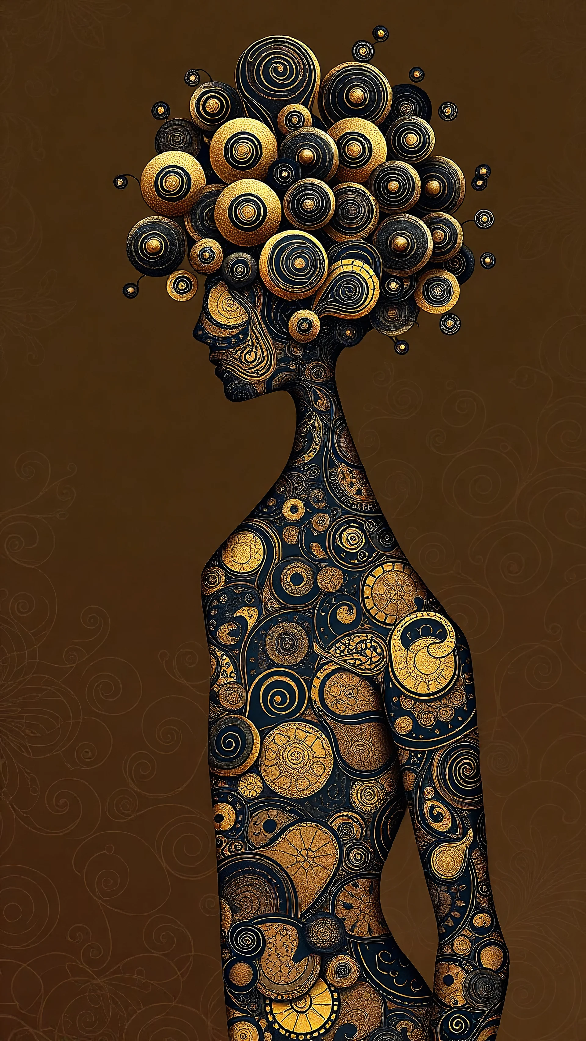 A digital artwork of a female figure adorned with intricate patterns and designs. The figure's body is covered in swirling lines, circles, and other abstract patterns in hues of mocha, navy and gold. Her head is uniquely decorated with a bouquet of spiraling, bubble-like structures. The background is a gradient , with abstract patterns that complement the figure's design. The overall ambiance of the image is dreamy and surreal.