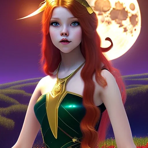 Attractive teenage girl with red hair with golden highlights, who is dressed like a witch casting a spell with a quarterstaff on the moon, magic is in the background, the moon is a solar eclipse, green eyes looking at the moon, background is realistic space, the girl is on a planet goth girl dress, full body portrait, arm colors gradient effect into stars, rendered, unity 3d, unreal engine, dslr, hdr, 4k, edited, photorealistic, normal number of appendages, freckles, artists rendering