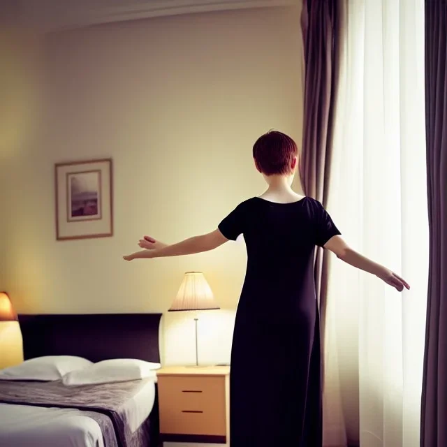 Realistic photo Russian shorthair beautiful 20-years tomboy boyish boylike young wife wide hips in black nightgown in hotel