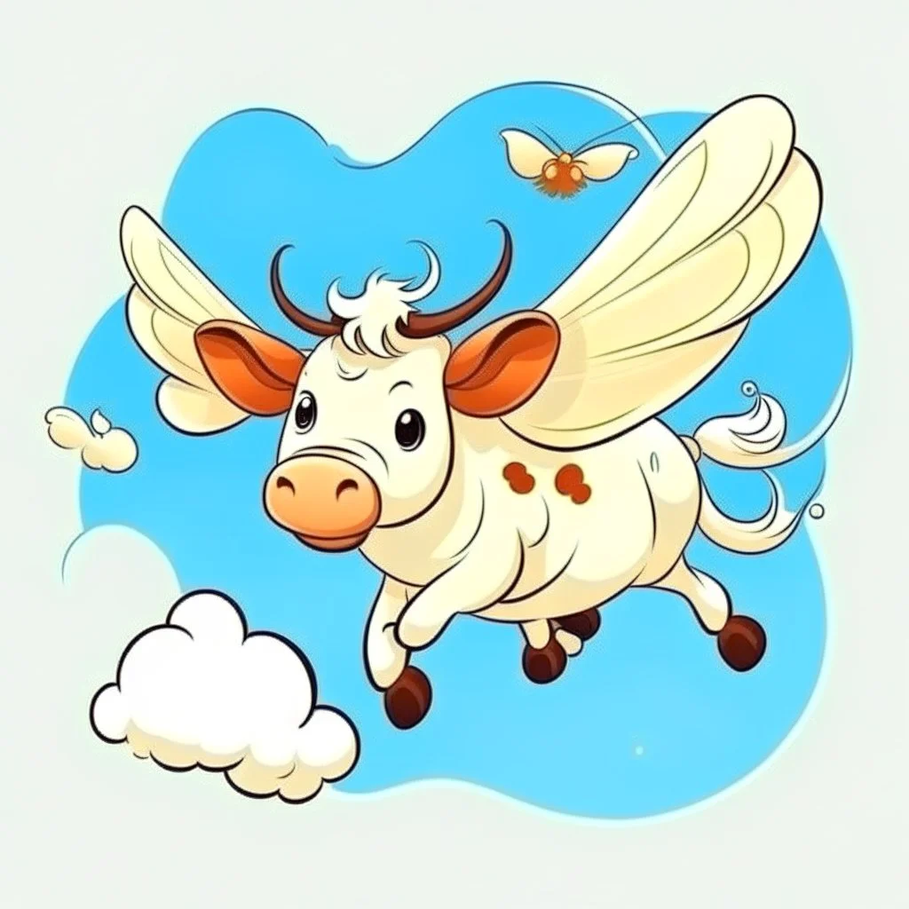 a cow is flying and has wings