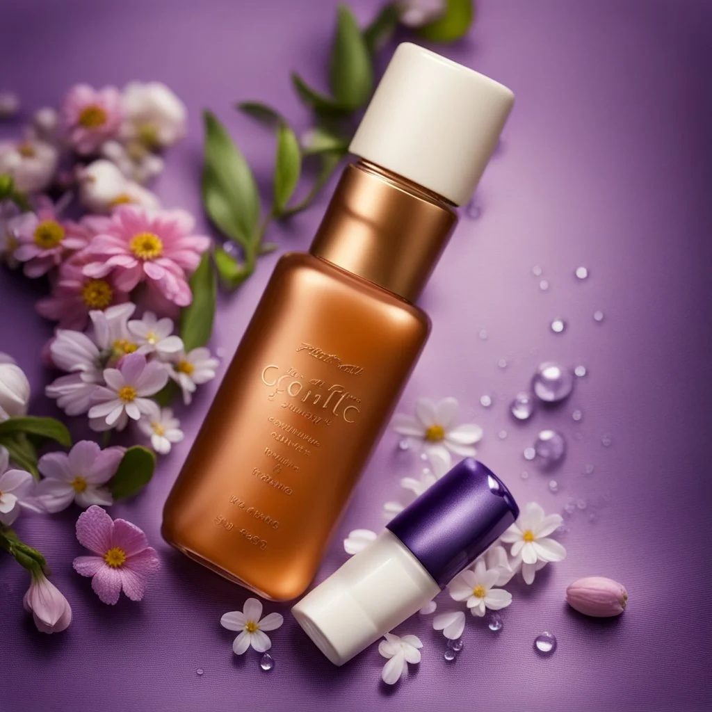 a small bottle for cosmetics lies on a beautiful floral background top view, in the background there are beautiful spring flowers and a drop of cream, high-quality picture, top view