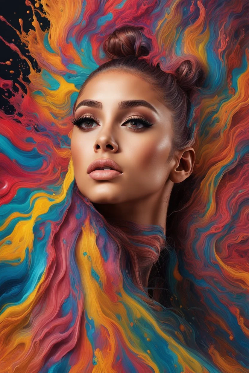 A Liquid Portrait Of AAriana Grande Face Made Of Colours, Muscles And Movement, Charging, Splash Style Of Colourful Paint, Hyperdetailed Intricately Detailed, Fantastical, Intricate Detail, Splash Screen, Complementary Colours, Liquid, Gooey, Slime, Splashy, Fantasy, Concept Art, 32k Resolution, Masterpiece, Melting, Complex Background Dark Art, Digital Art, Intricate, Oil On Canvas, Masterpiece, Expert, Insanely Detailed, 8k Resolution, Fairy Tale Illustration, Dramatic,