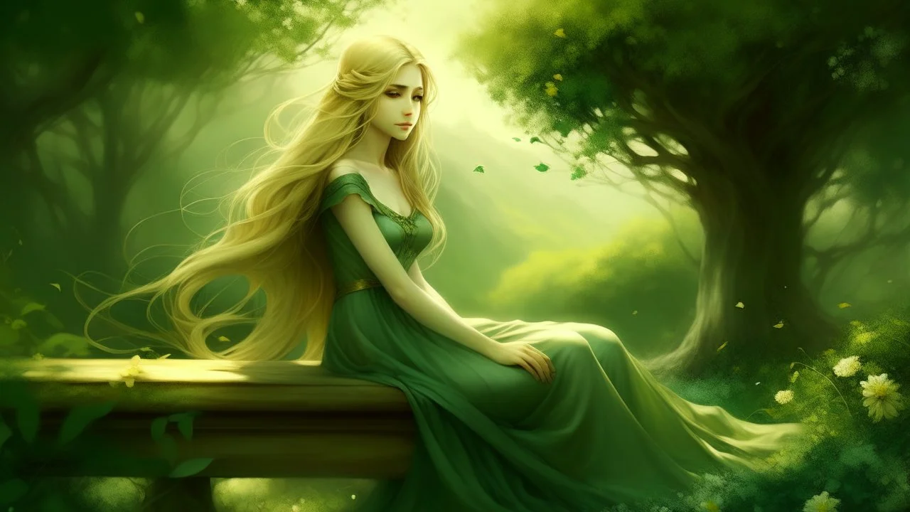 A stunning illustration of a young woman with long, golden blonde hair, sitting serenely on a bench amidst a lush, blurred green landscape. The flowing green dress she wears accentuates her delicate form, and the soft colors of the background create a sense of harmony and tranquility. Delicate flowers and vines surround the bench, adding to the peaceful ambiance of the scene