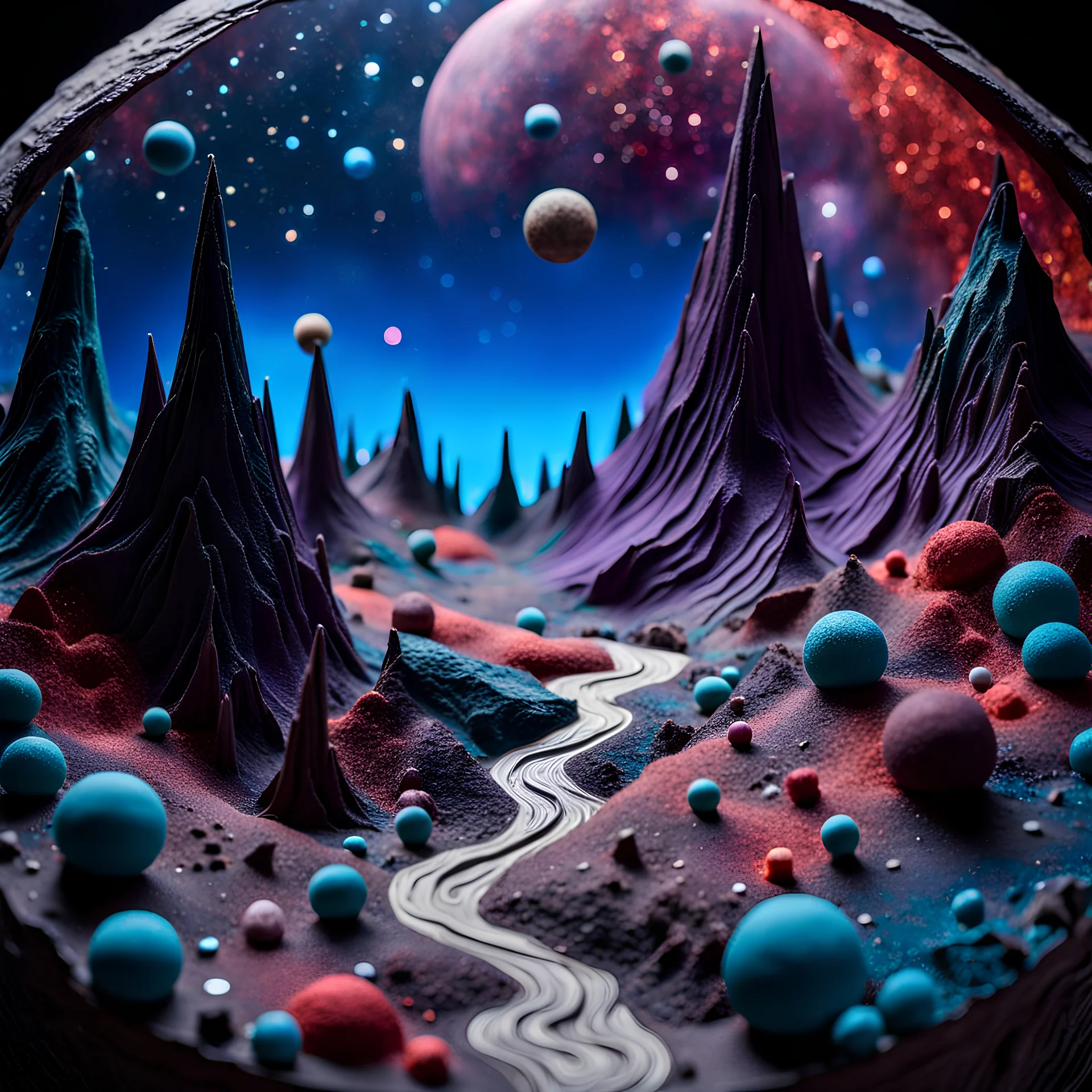 Detailed creepy landscape made of modeling clay, stars and planets, Roger Dean, Tim Burton, strong texture, Ernst Haekel, extreme detail, Max Ernst, decal, rich moody colors, sparkles, bokeh, odd