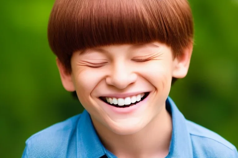 Photo of a boy with a Huge grin and Bowlcut, closed eyes