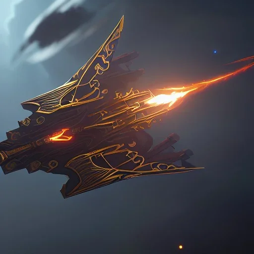 huge ornate spaceship made of brass flying through space, on fire, smoking