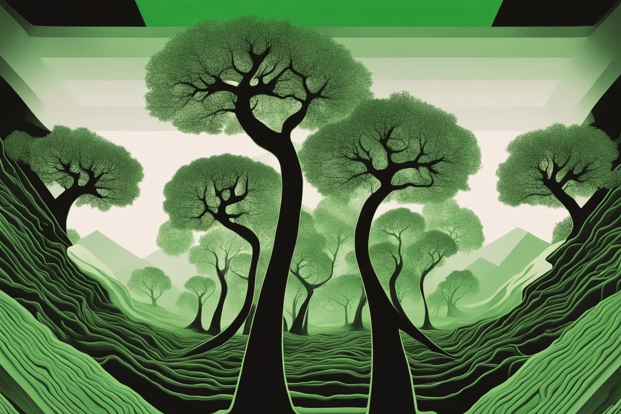 surreal trees with computer microchip foliage texture, strange art deco landscape surrealism, green and black dual colors.