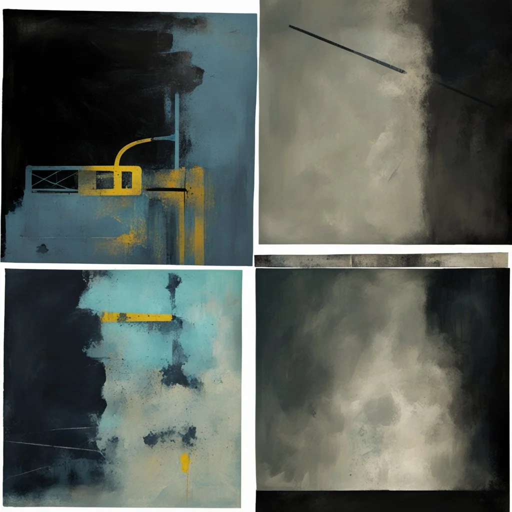 Minimal contemporary abstract oil paintings of desolate 1960s carpark with road markings and concrete fragments. Overlay with grungy typography graphics.