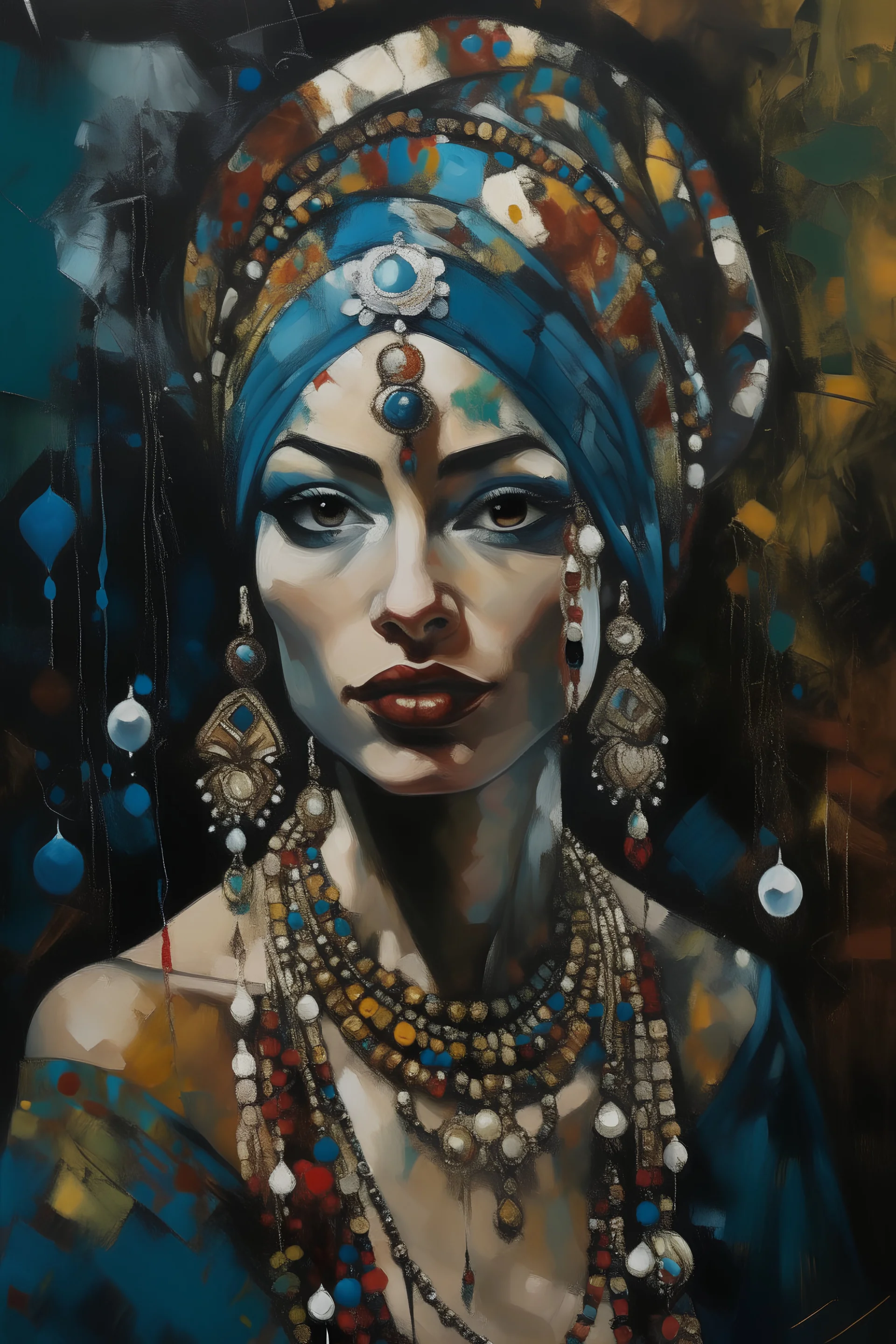 Artistic painting by paintbrush, Portrait of Muslim woman, covered, in turban, loads of hanging crystals around her, heavy makeup, loads of jewellery, painted by in style of Jackson Pollock