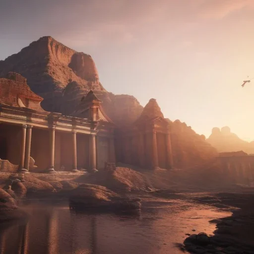 Petra, Ürdün, sunset, fantasy art, flying birds, springs, landscape, beautiful, realistic, hyper detailed, unreal engine 5, octane render