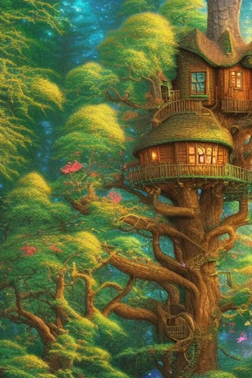 A beautiful treehouse, microscopic image by electron microscope, art by Thomas kinkade