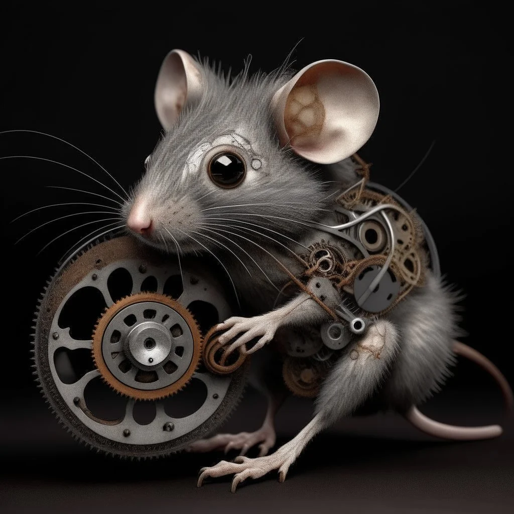 a rat with gears in it's face, naked