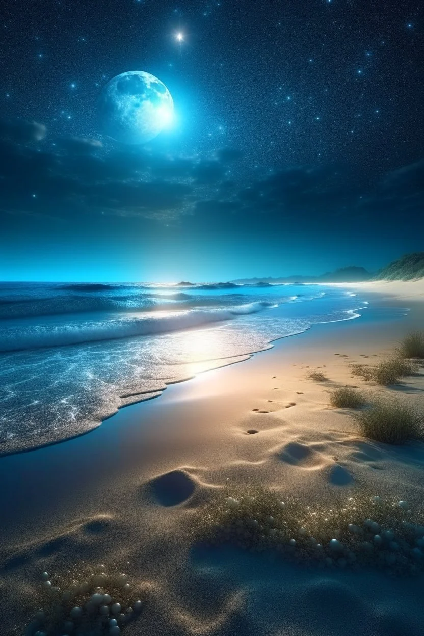 magic sea, beach with sand, shells, realistic, professional photo, 4k, top view, cosmic sky, stars, full moon, milki way