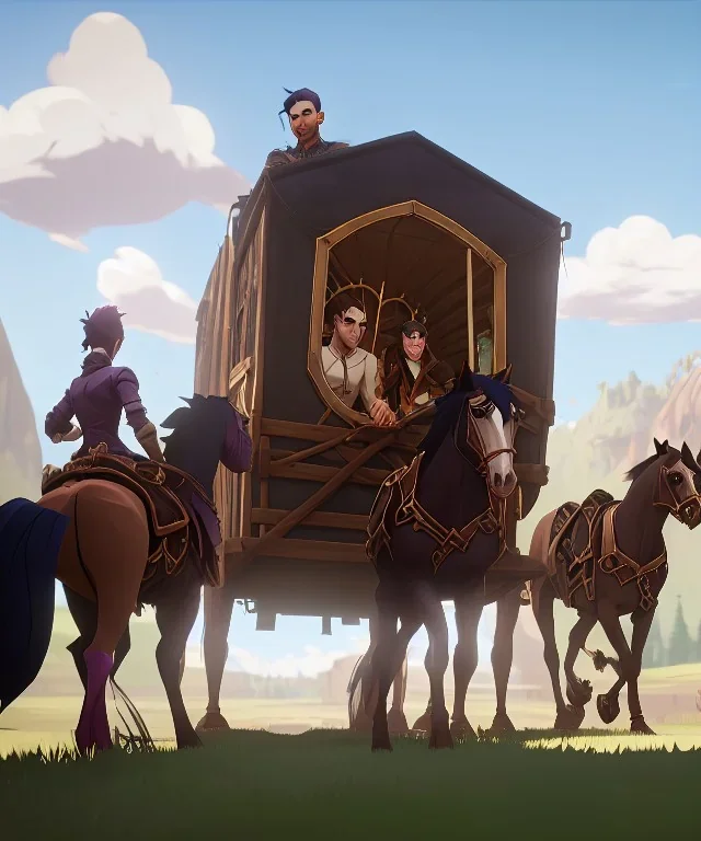 Fantasy Adventurers inside a traveling caravan, horse carriage