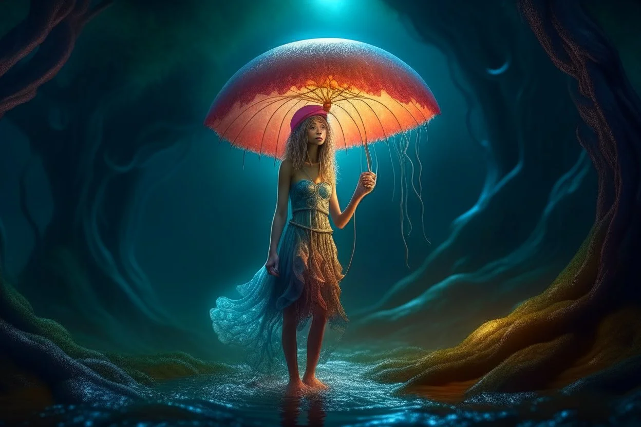 Full Body Shot Of A Young, Slim Woman Covered In rags, standing under a tree, holding an umbrella made from a jellyfish, a glowing ball in her hand, photorealistic, Detailed Matte Painting, Deep Colour, Fantastical, Intricate Detail,