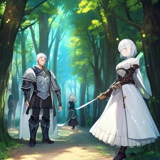 Girl with white hair wearing white robes. Boy with black hair wearing leather armor. Forest path