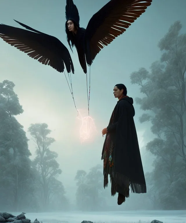 native american shaman, wizard doctor, long black hair, black hooded coat like wings, 8k resolution concept art portrait by Greg Rutkowski