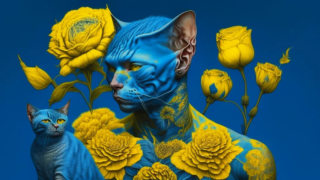 blue background, cat man, wool, fine drawing, high detail, 8K, tattoos, yellow flower