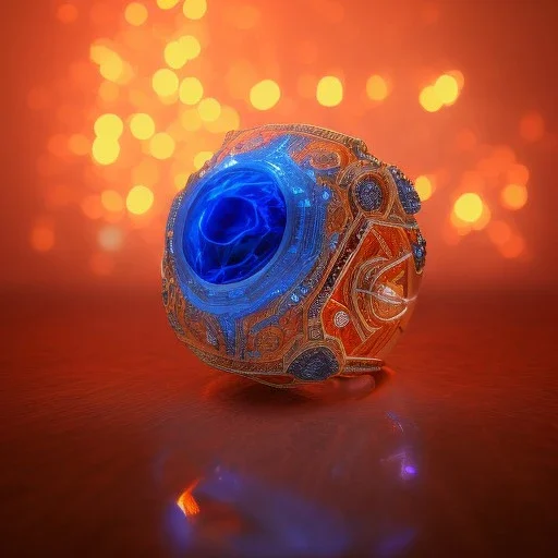 Ring made by wood roots and shreds of glass, orange diamonds sparkles, red rubi fragments around, blue lights reflexes, complex structure, gold details, intricate ring pattern,Unreal Engine 5, lens macro,sharp focus, realistic, hyper detailed, studio lighting, neon light ambient,