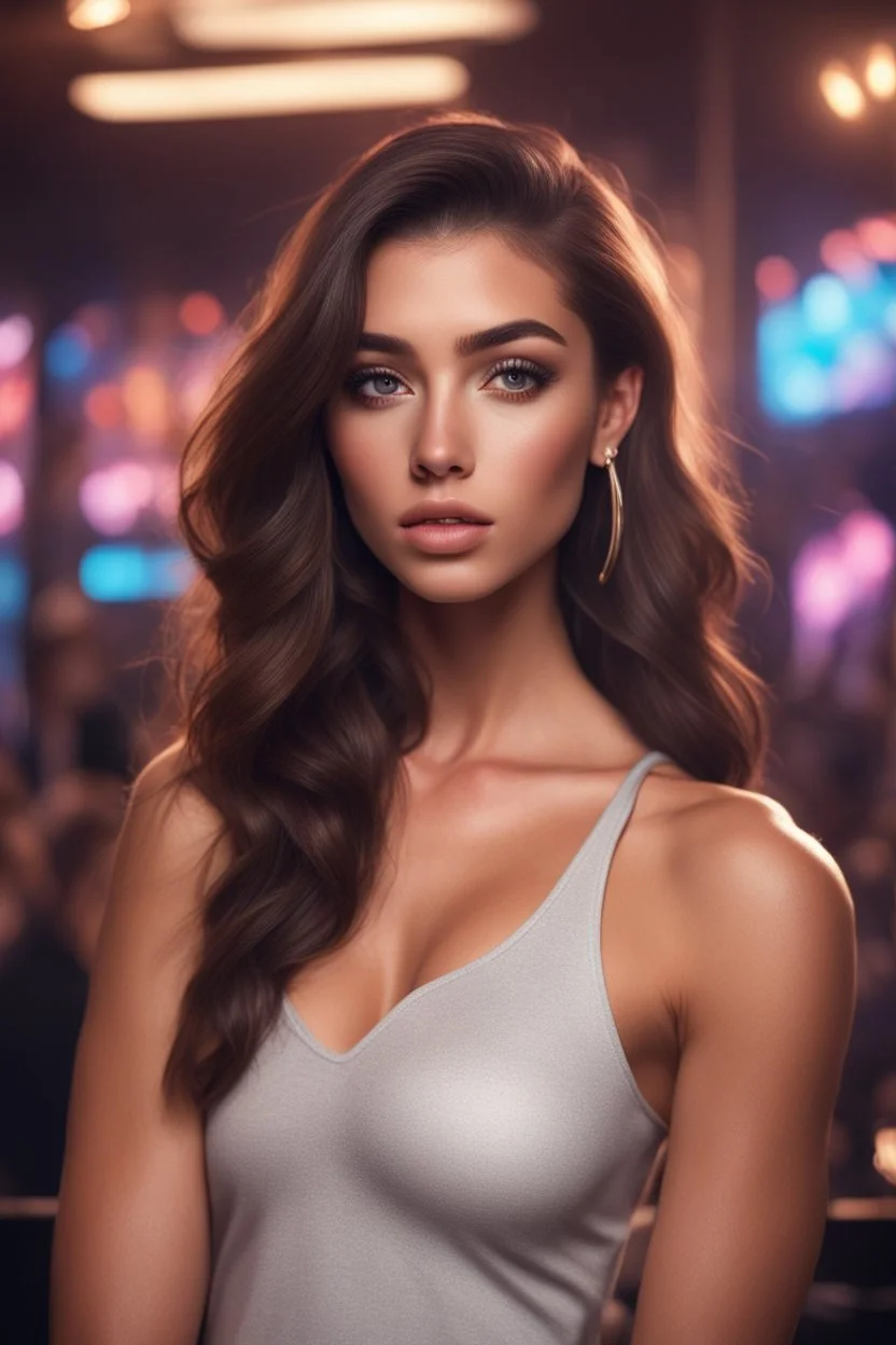 Social media influencer. Hyper realistic. Brunette. Brown eyes. Exotic. Athletic. Glamorous. In the club.