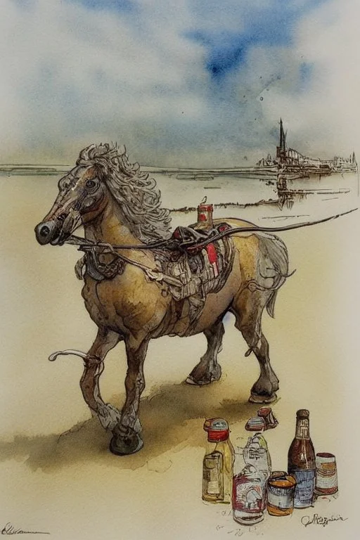 A rocking horse and bottled drinks by Jean-Baptiste Monge, watercolour and ink, extremely detailed, crisp quality, very attractive, fantastic view, award winning in sunshine