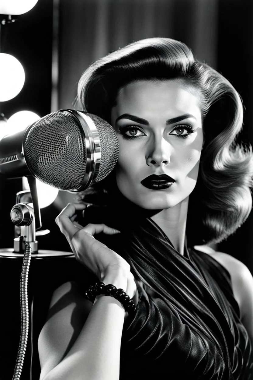 portrait, beauty supermodel, close up, helmut newton, perfect face, lamp or microphone or radio or telephone